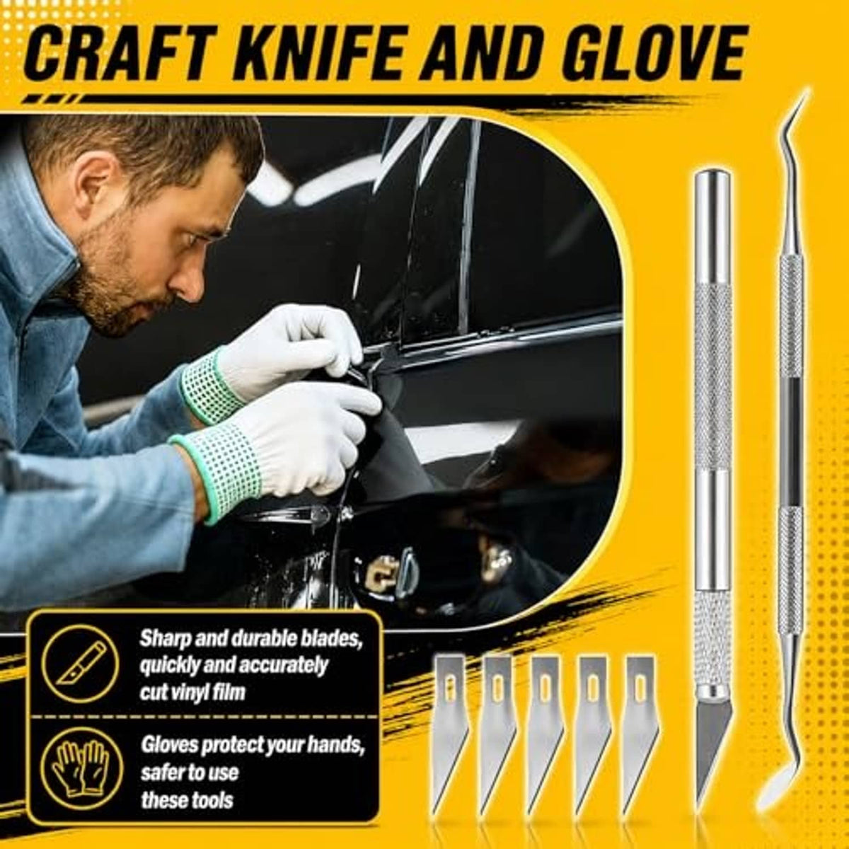 Craft knife and vinyl wrap gloves with two silver metal blades for trimming film