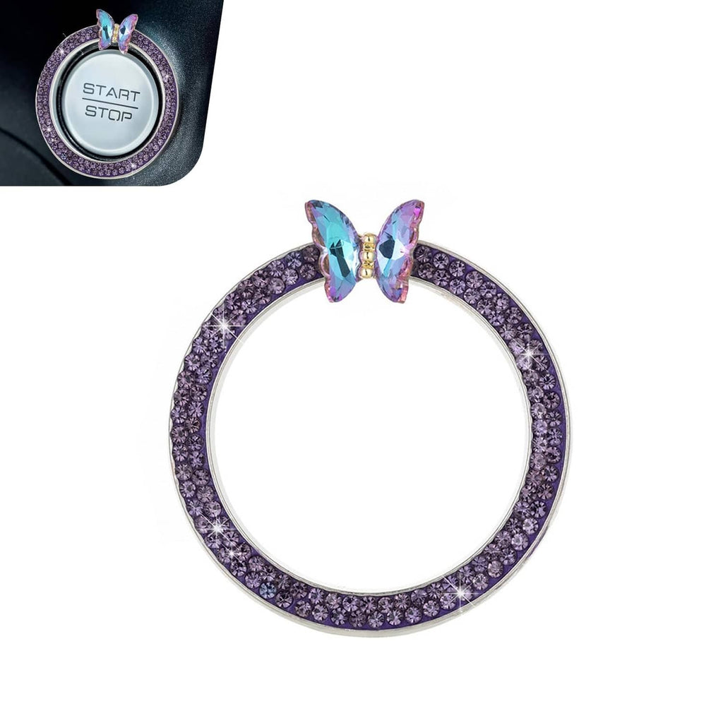Purple rhinestone ignition start-stop trim ring with iridescent butterfly centerpiece