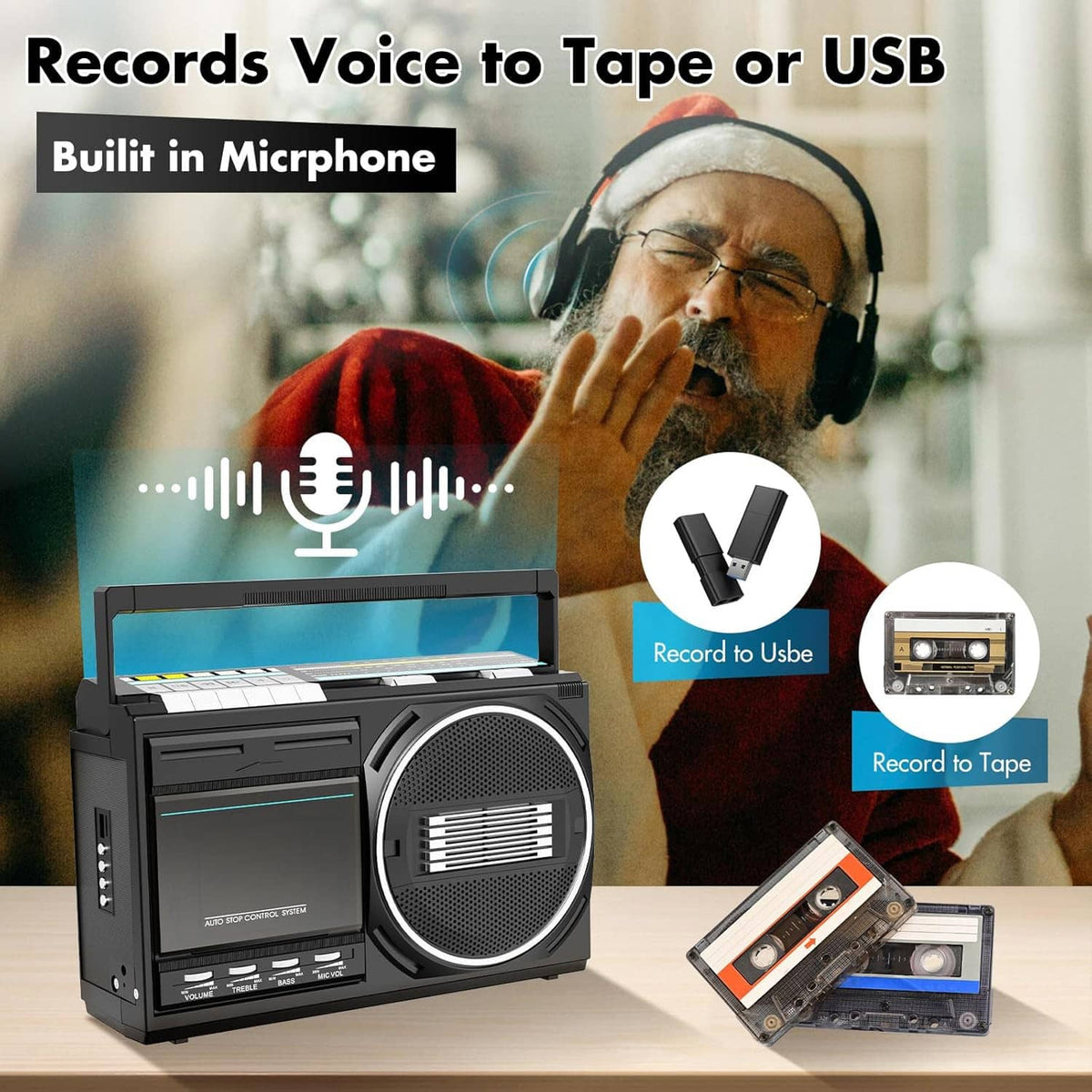 Portable cassette player boombox with built-in mic and speaker, front record controls