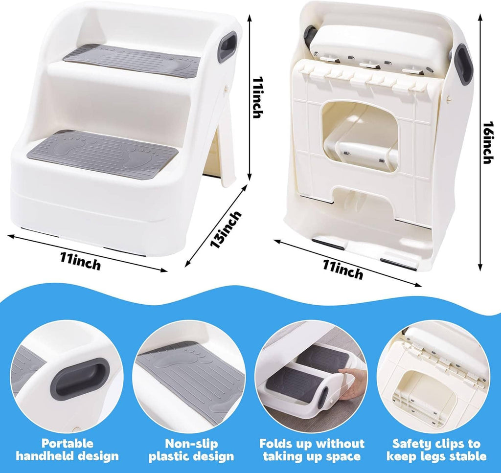 Cat litter box ramp with two gray non-slip steps, portable foldable design