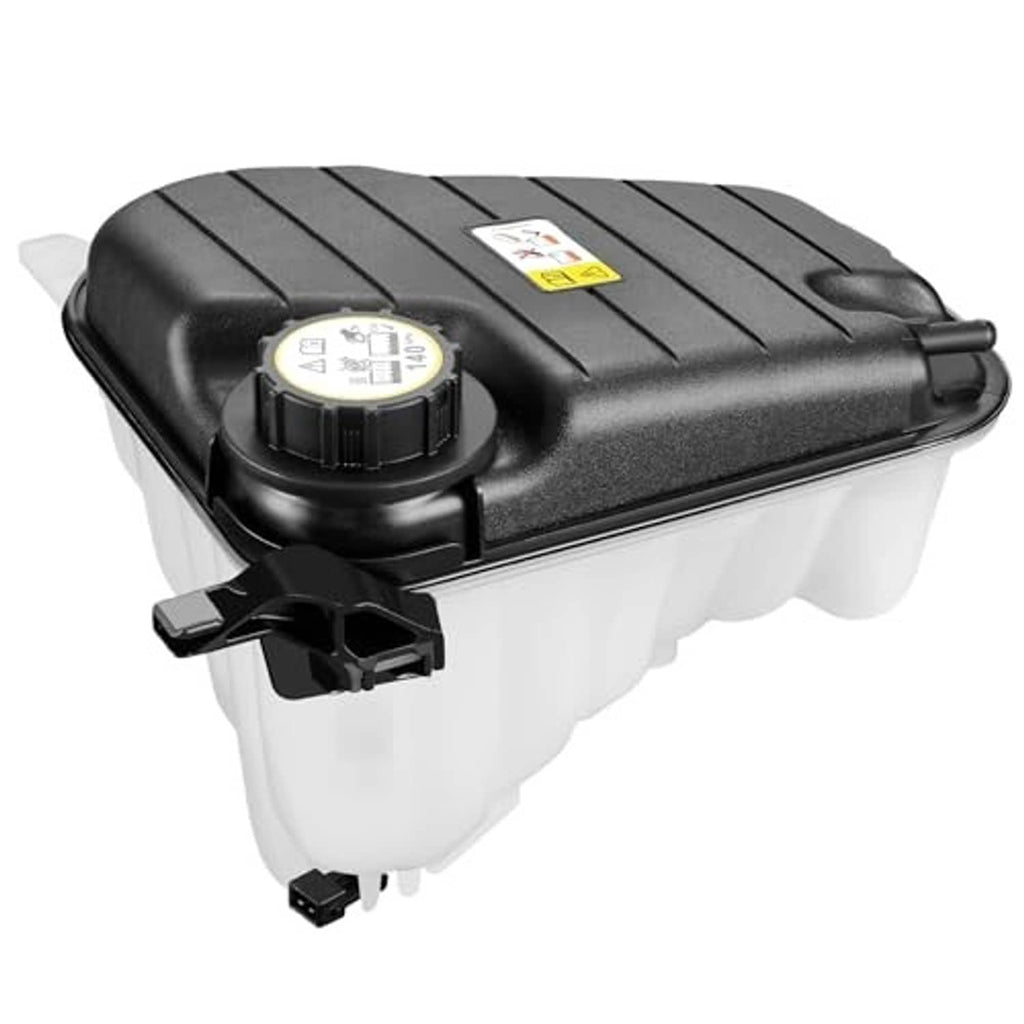 Coolant overflow tank with black lid, white reservoir base and side mounting tabs