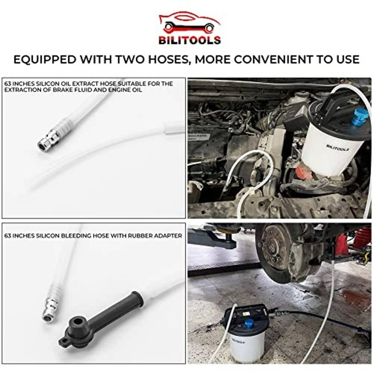Brake bleeding tool set with long hoses, oil extractor hose, and rubber adapters