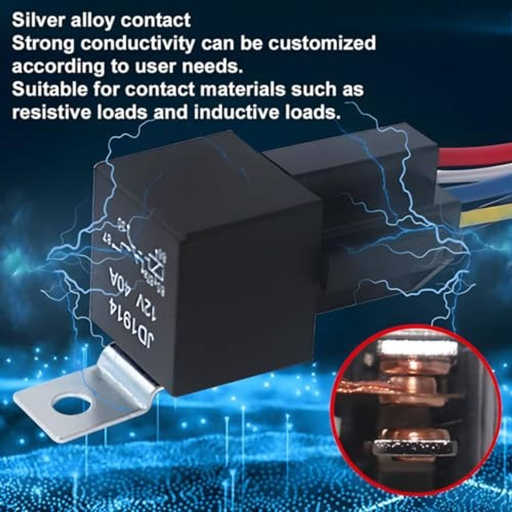 Black 4-pin relay with metal mounting contact base, prewired red and yellow leads