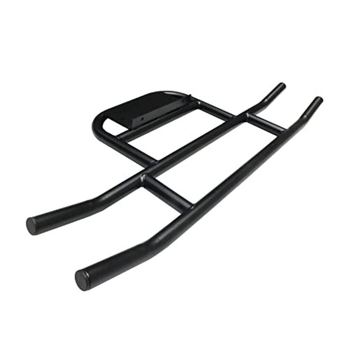 Black tubular golf cart bumper brush guard frame with crossed bars and base plate.