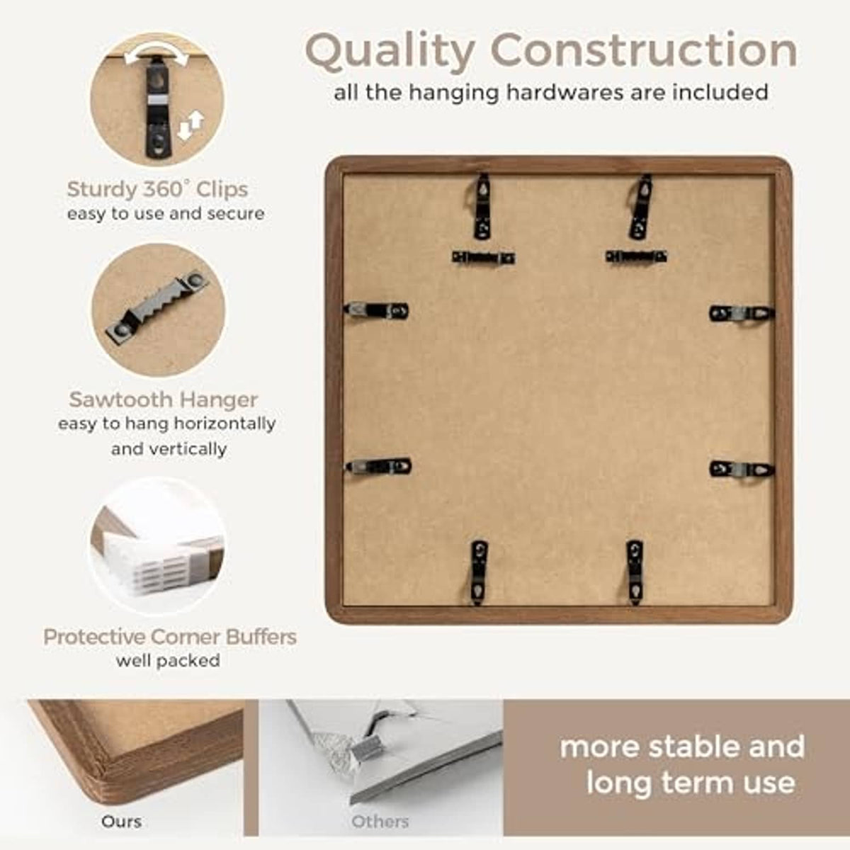 Solid oak square picture frame back with hanging hardware and corner buffers.