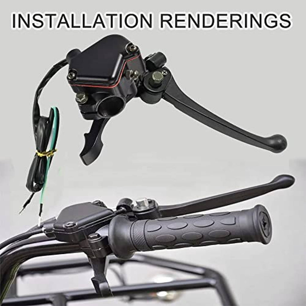 Black brake lever and thumb throttle handlebar controls with mounted switch housing