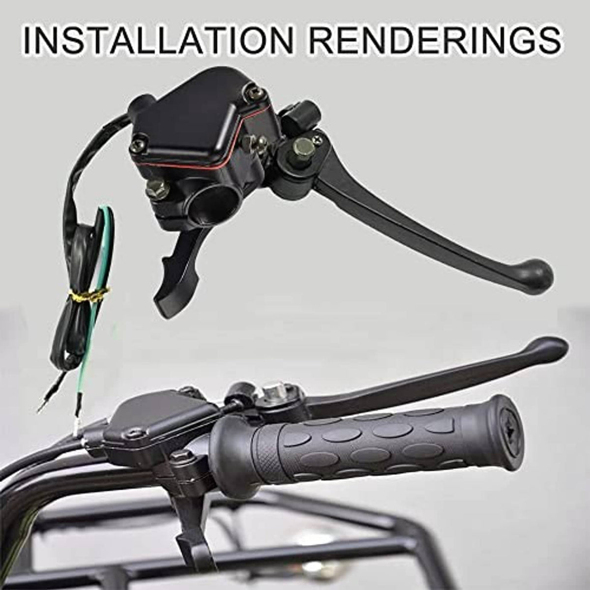 Black brake lever and thumb throttle handlebar controls with mounted switch housing