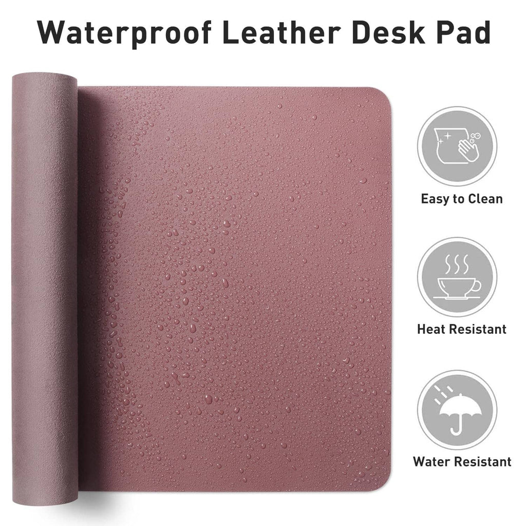 Dark pink water-resistant PU leather desk pad rolled up with textured surface