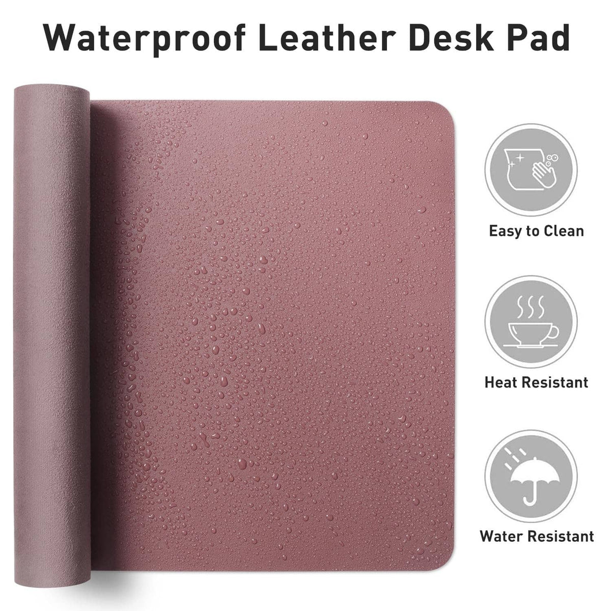 Dark pink water-resistant PU leather desk pad rolled up with textured surface