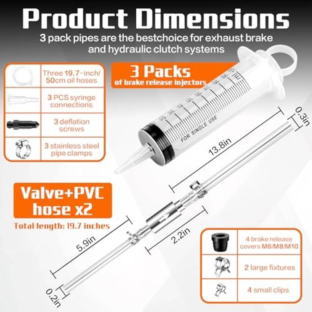 Brake bleeding syringe kit with three syringes and hose lengths, product size diagram