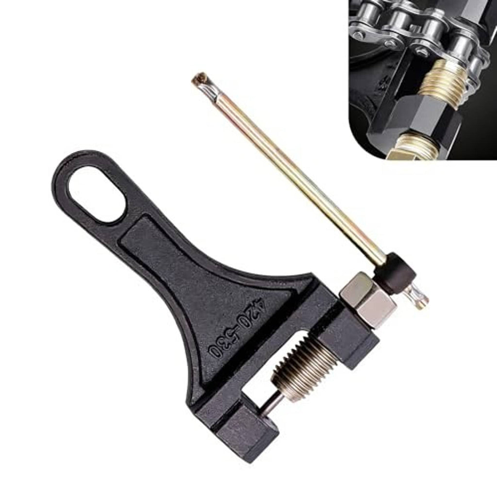 Chain breaker tool with black frame, threaded plunger, and steel drive rod