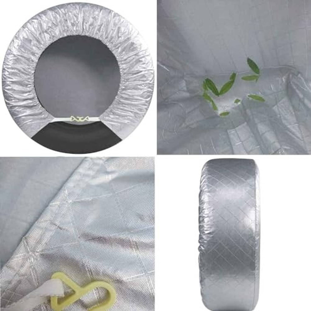 Silver tire cover fabric shown with central opening; material texture and storage pouch view