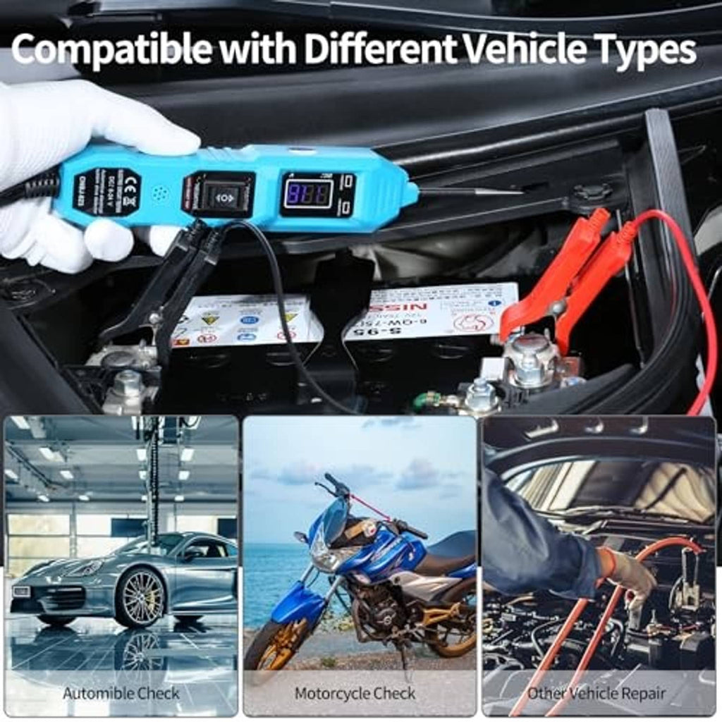 Automotive power probe tester with blue meter and long leads with probes for circuits