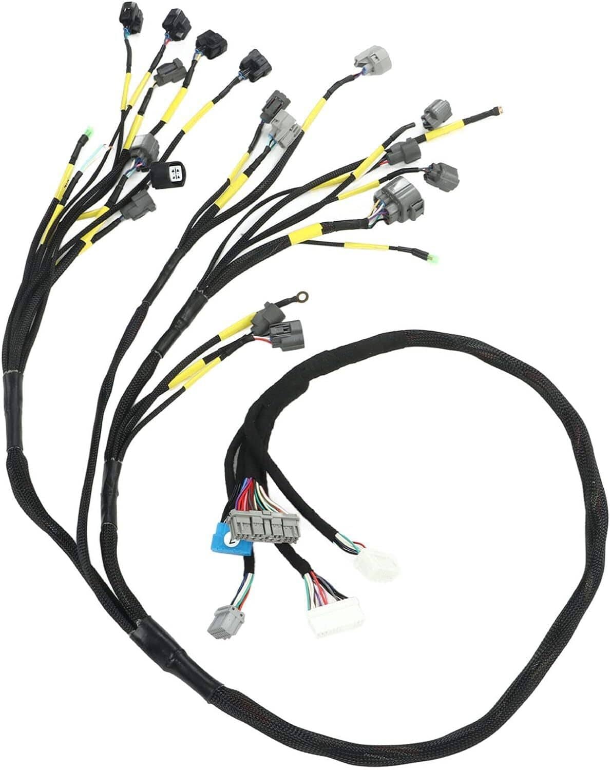 Engine wiring harness bundle with black cables and gray connector modules