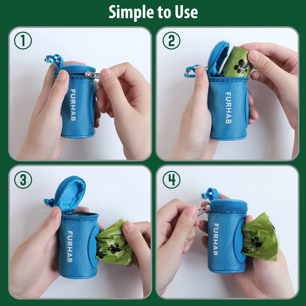 Sky blue zippered poop bag holder with carabiner clip, shown step-by-step