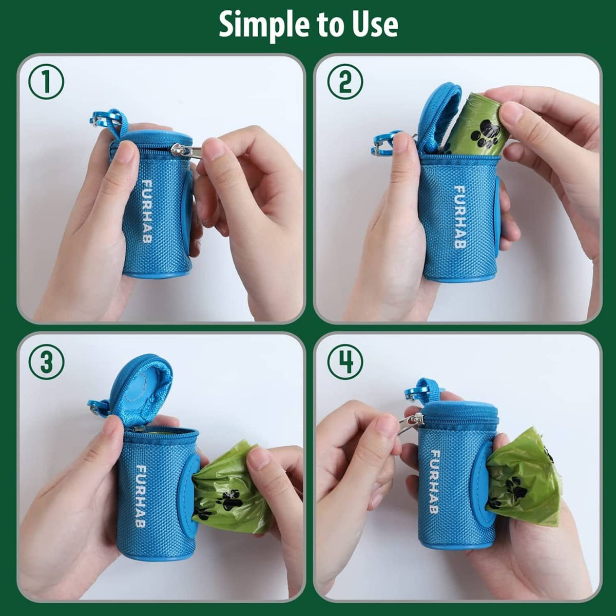 Sky blue zippered poop bag holder with carabiner clip, shown step-by-step
