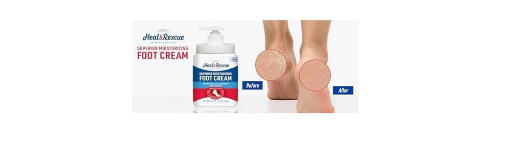 Heal&Rescue foot cream pump bottle with feet applying moisturizer