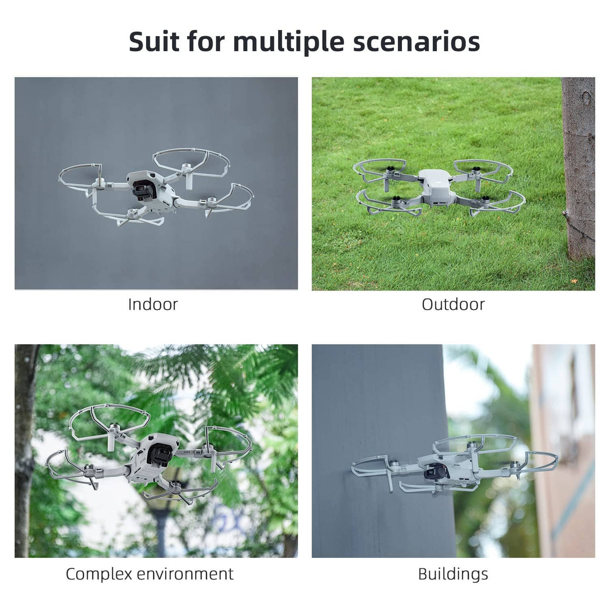 Drone with propeller guards for indoor and outdoor flight across different settings