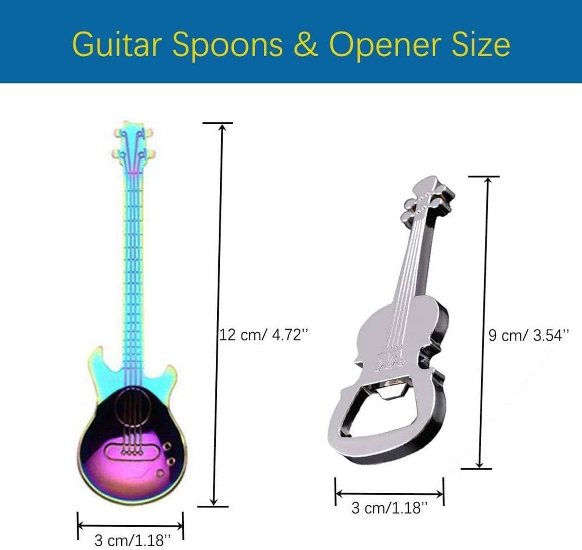 Guitar-shaped coffee spoon and bottle opener with size indicators