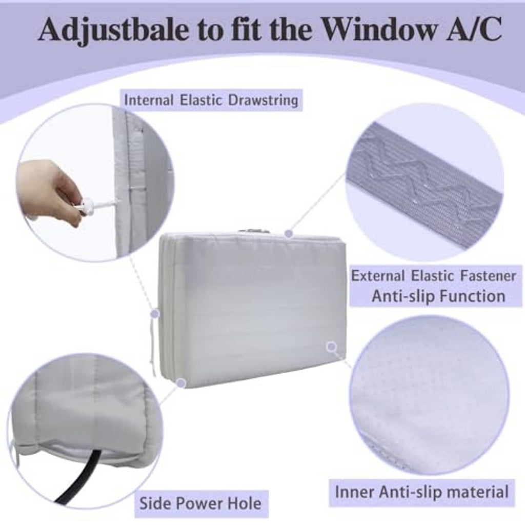 Window AC cover with internal elastic drawstring and anti-slip inner surface, white