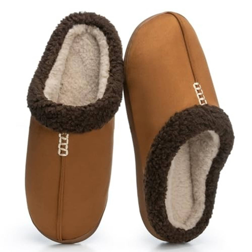 Pair of brown suede men's slippers with dark fuzzy lining and white pull tab detailing
