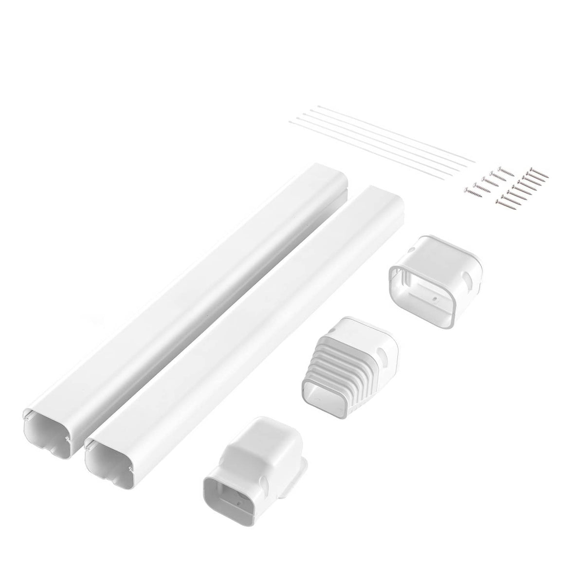 White PVC line set cover kit flat lay: two long covers, caps, connectors, and screws