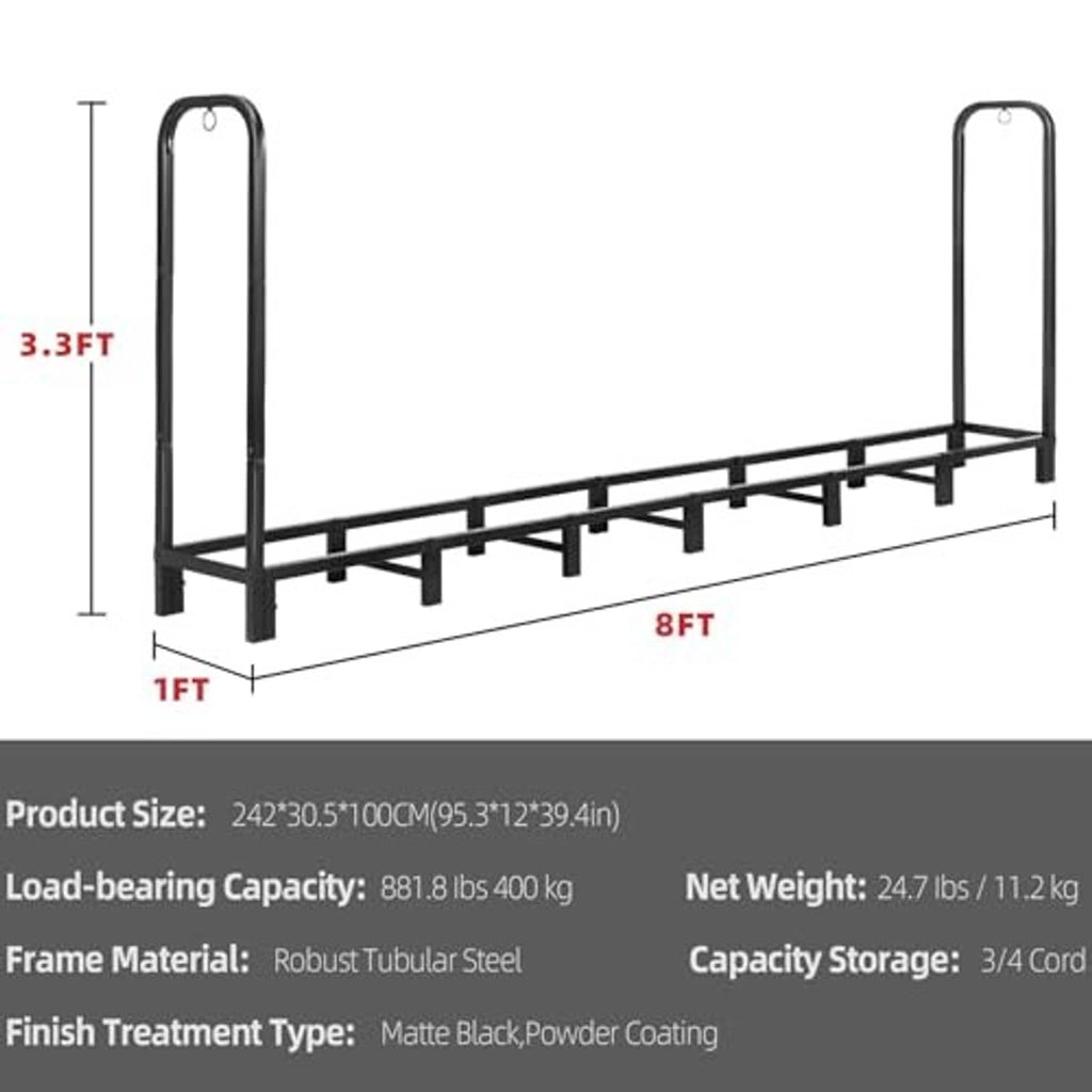 8 ft long black firewood rack with high side handles and evenly spaced log supports