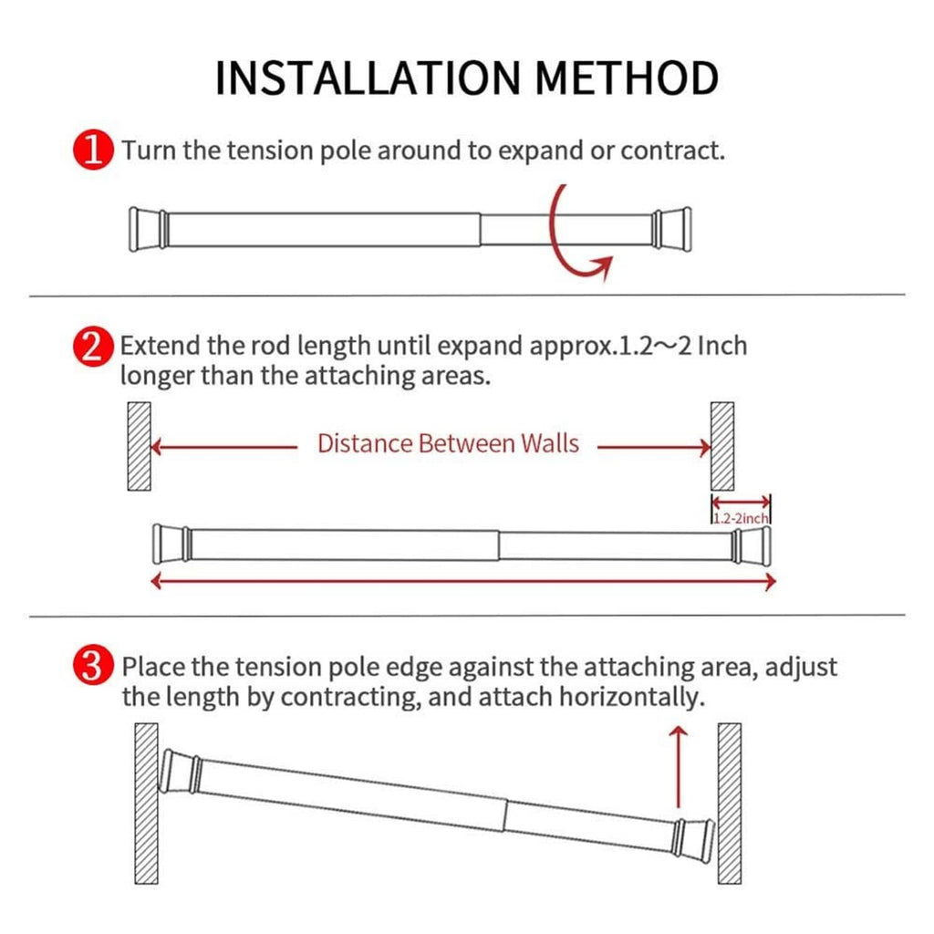 Installation method diagram for adjustable tension rod: expand, align, attach horizontally
