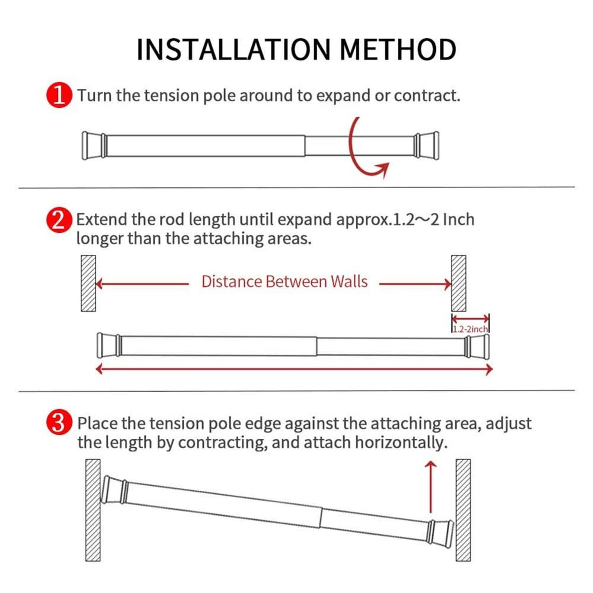 Installation method diagram for adjustable tension rod: expand, align, attach horizontally