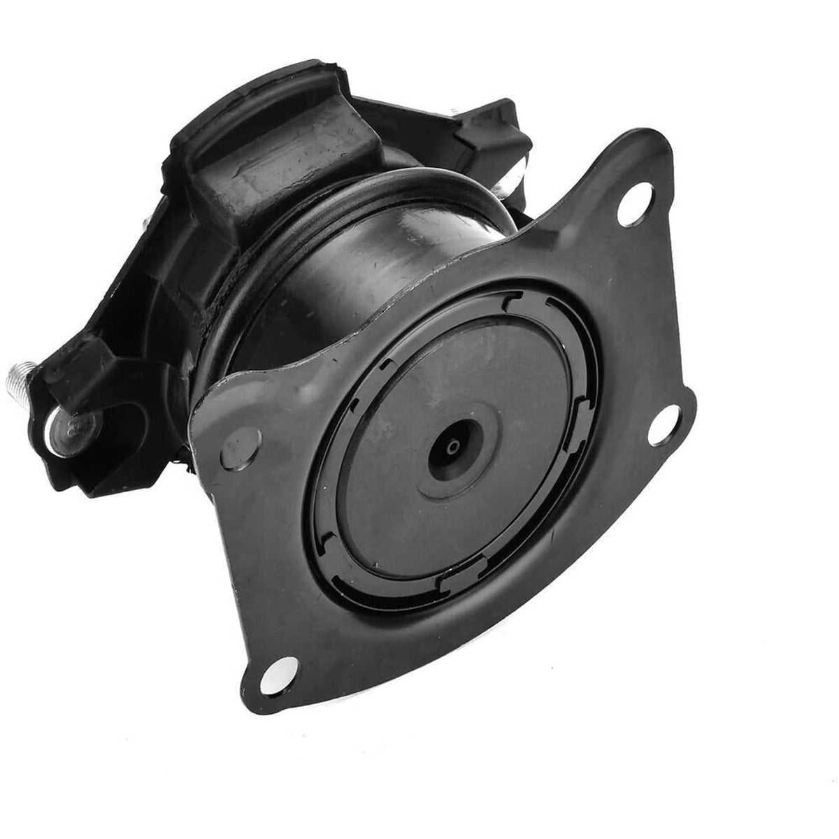 Black engine mount assembly with round rubber diaphragm and four mounting holes