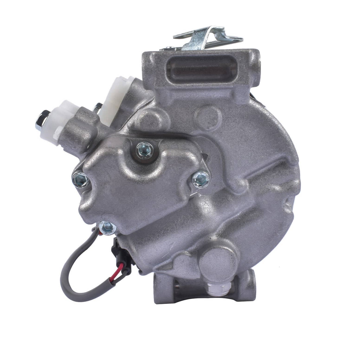 A/C compressor with silver metal body and electrical connector, angled side view