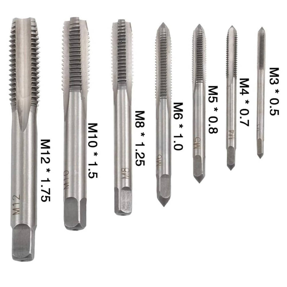 Metric thread tap set with size markings: M3, M4, M8, M10, M12, M16, silvery