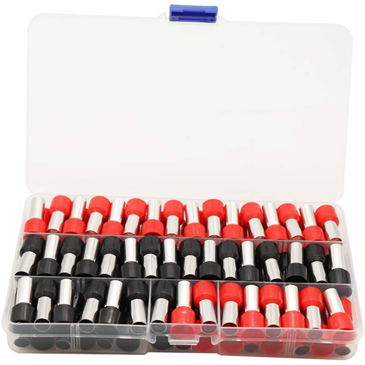 Insulated ferrule connectors set in clear case with red and black terminals