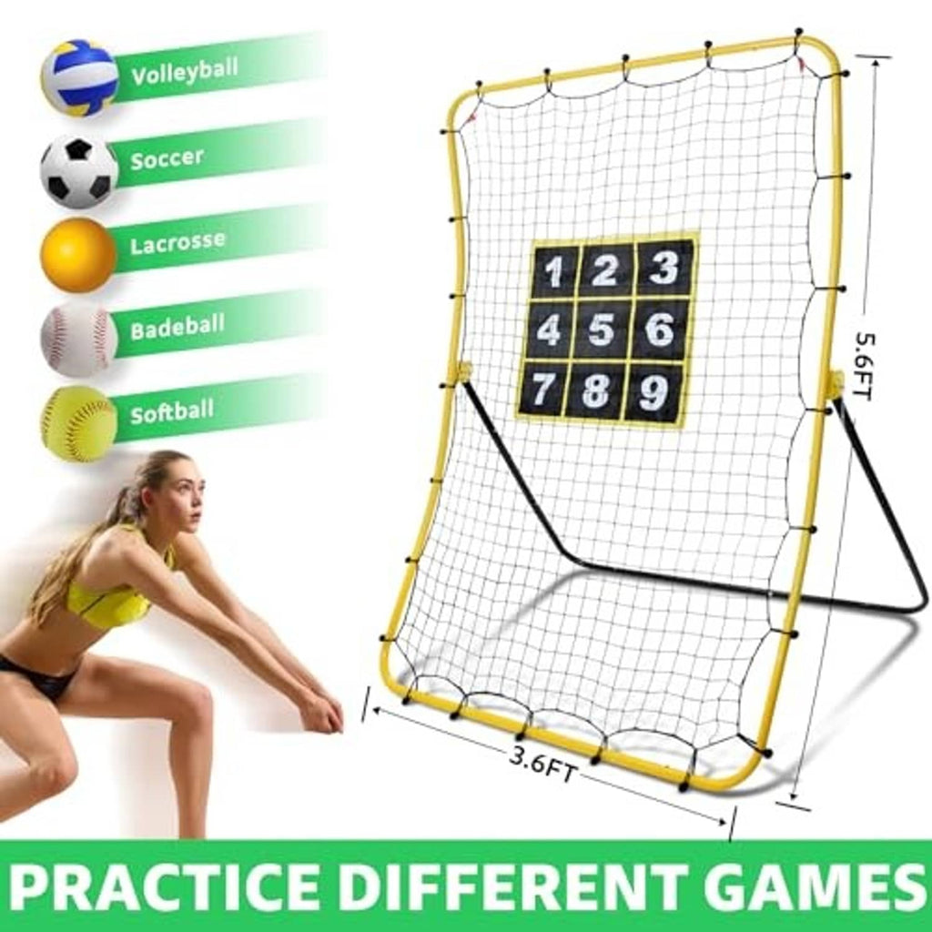 Multi-game pitching rebounder net with yellow frame and 1–9 square target panel
