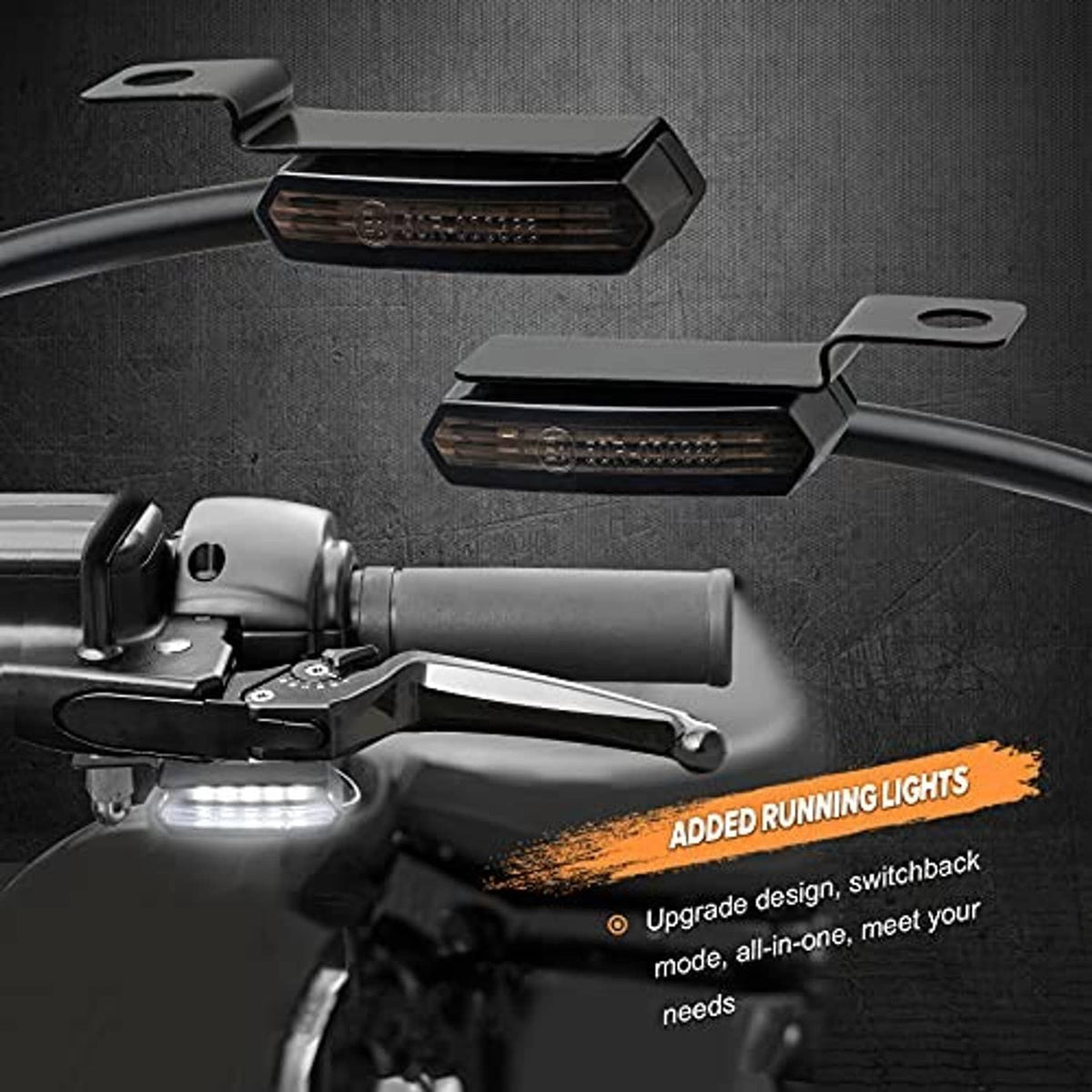 Black housing front LED turn signals with amber strip and white running strip