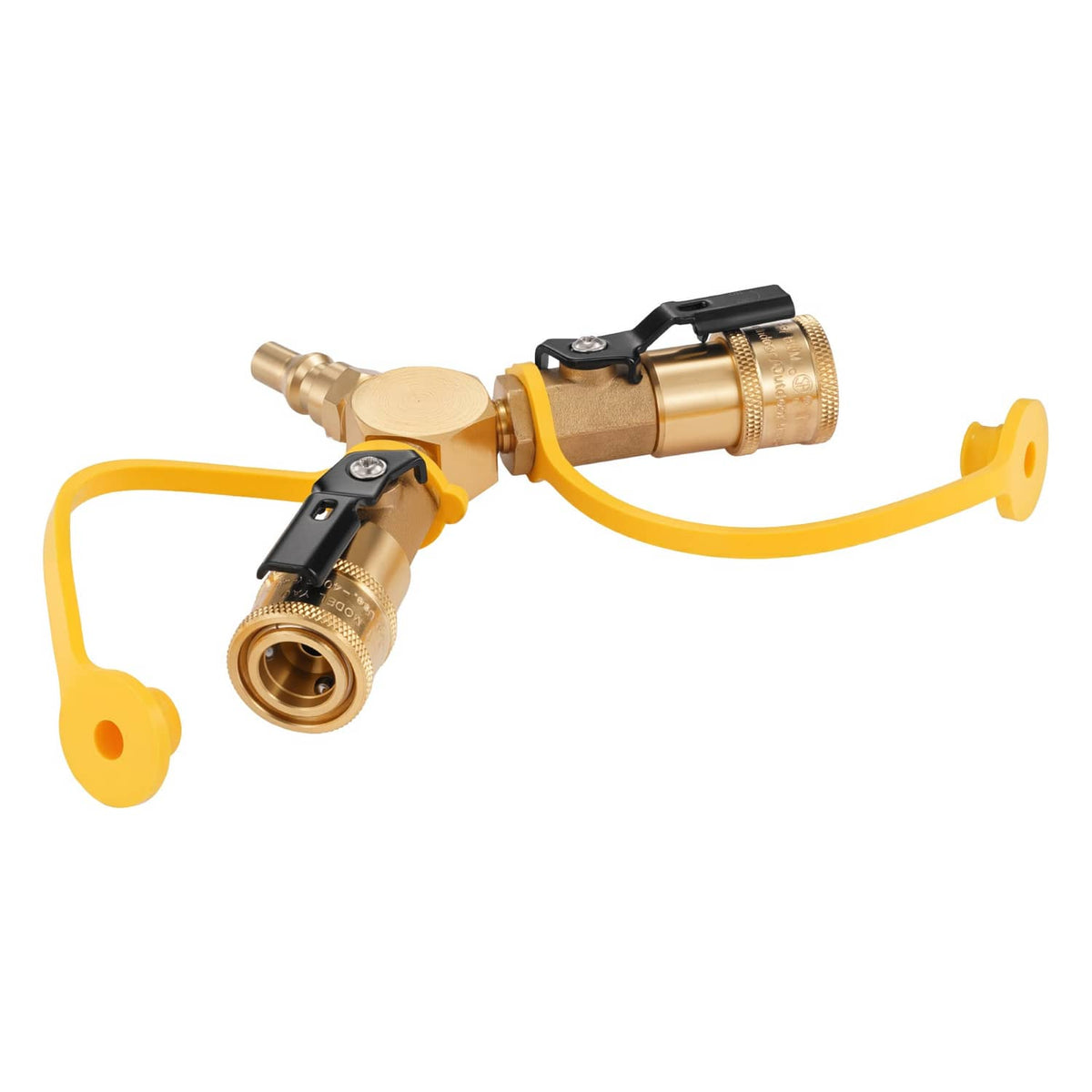RV propane splitter adapter with shutoff valve, quick-connect ends and two outlets
