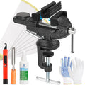 Black portable table vise clamp for golf club grip regripping, with threaded screw rod