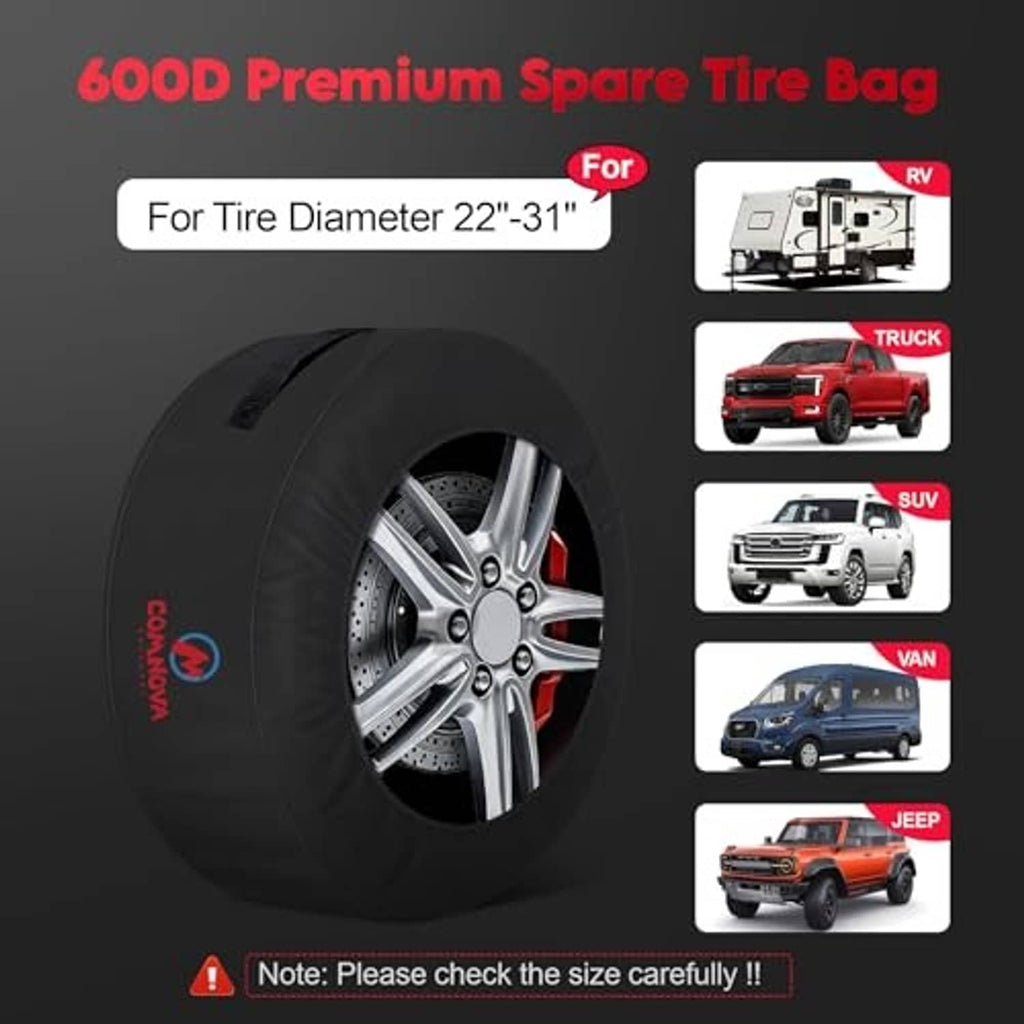 Black spare tire tote bag with large wheel opening for 22–31 in diameter tires