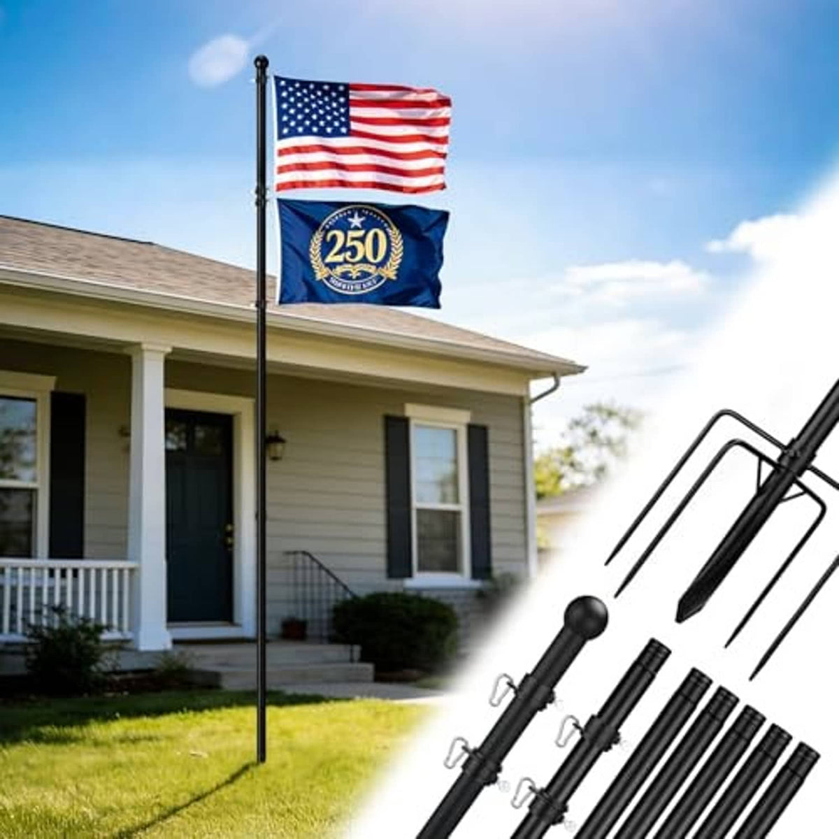 Black 10 ft in-ground flag pole kit with brackets and rings for two flags.