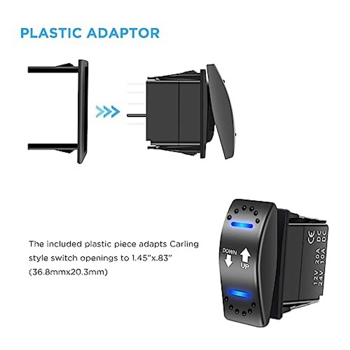 Illuminated polarity reversing rocker switch with blue lights and included plastic adaptor