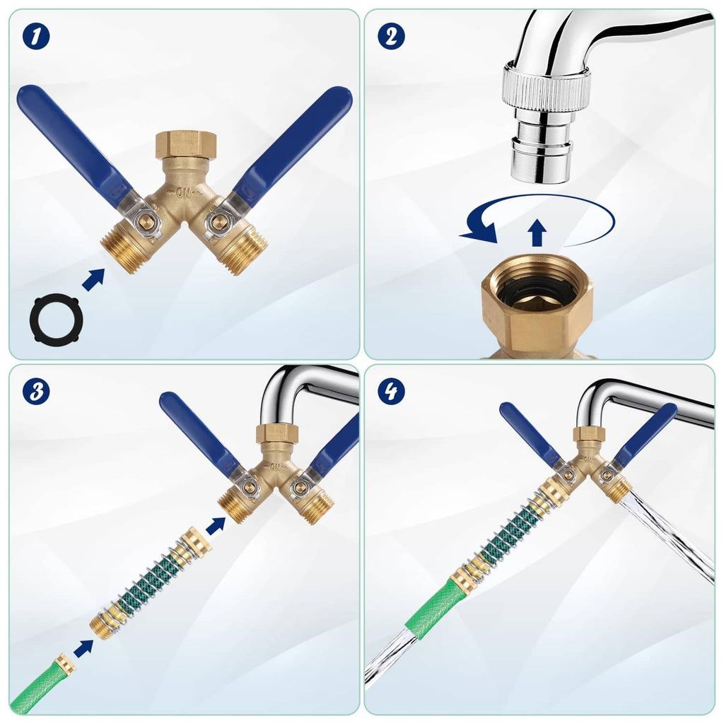 Brass garden hose splitter with rubber washers for hose connection steps
