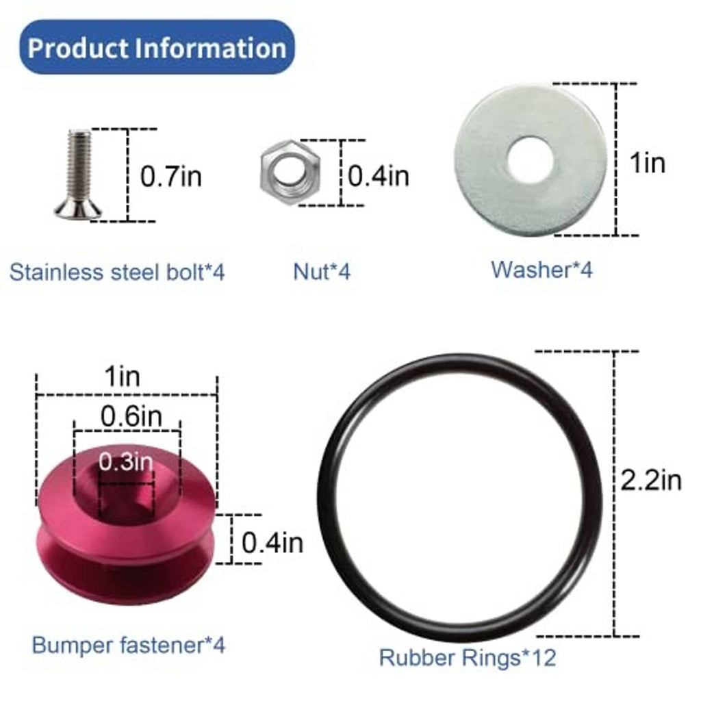 Stainless bolt and washer sizes with pink bumper fastener and rubber ring measurements