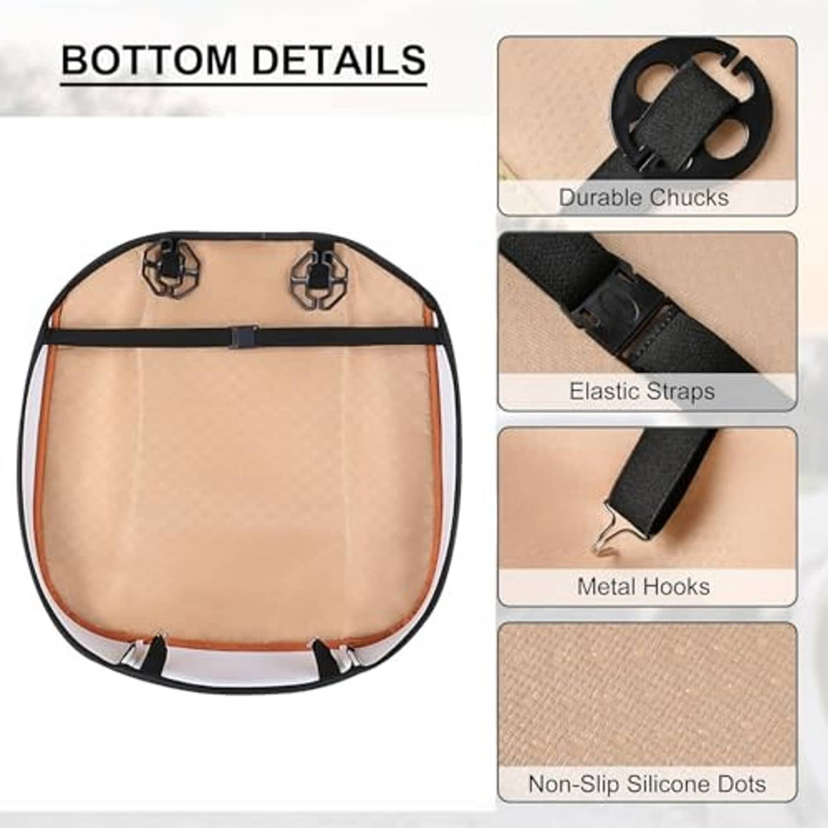 Beige PU leather seat cover base with elastic straps, metal hooks, and non-slip dots