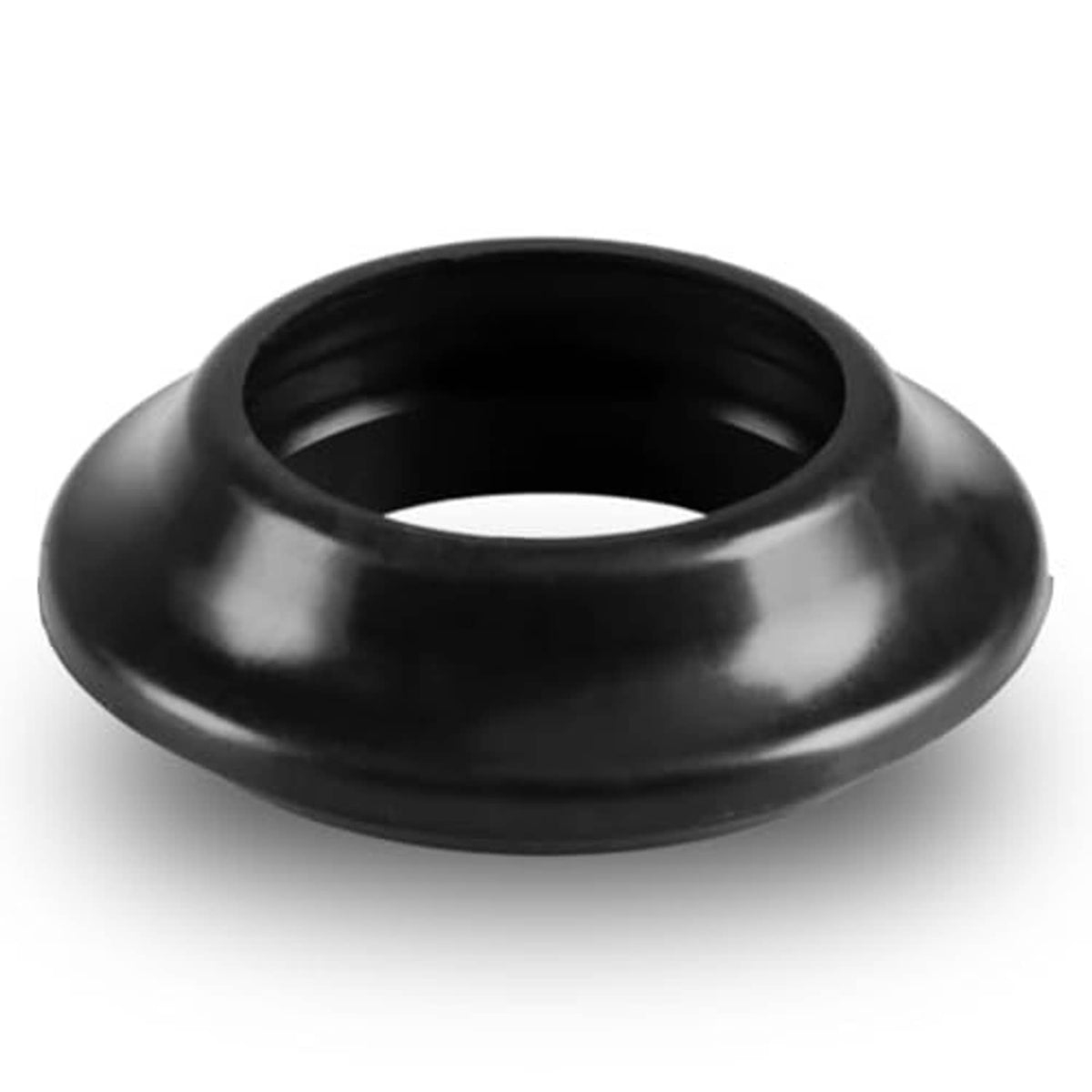 Black rubber grommet seal with circular opening and thick flared edge