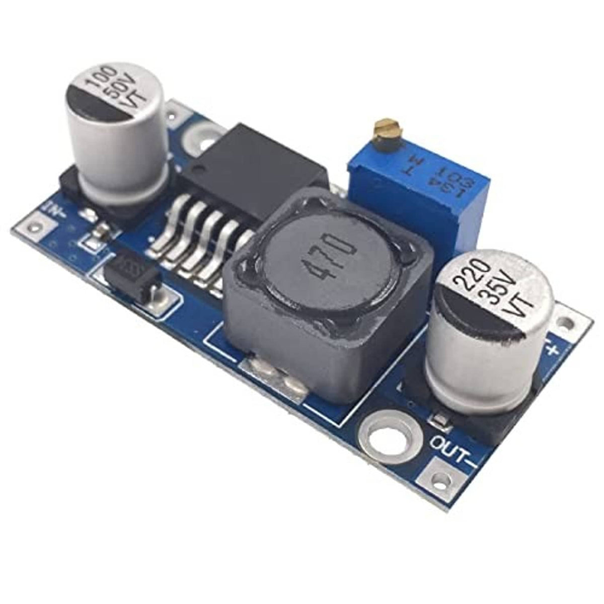 Blue DC-DC buck regulator module with SMD IC, inductor, and two electrolytic capacitors