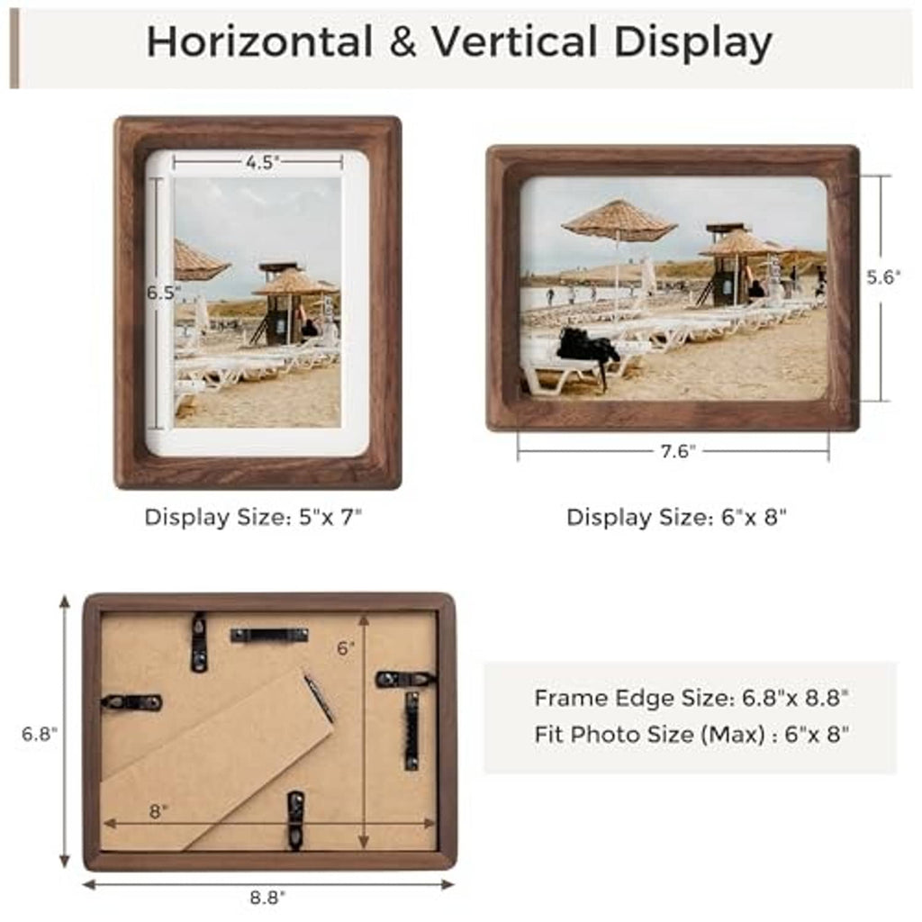 Natural walnut 6x8 picture frame showing horizontal and vertical display options