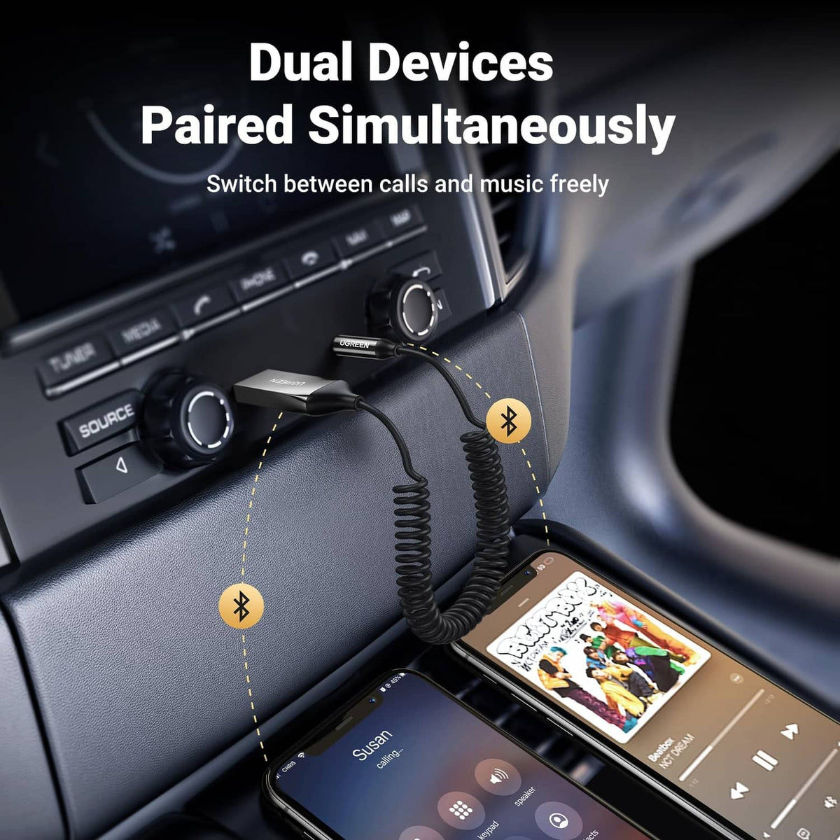 Bluetooth aux adapter with two coiled cables for car audio pairing
