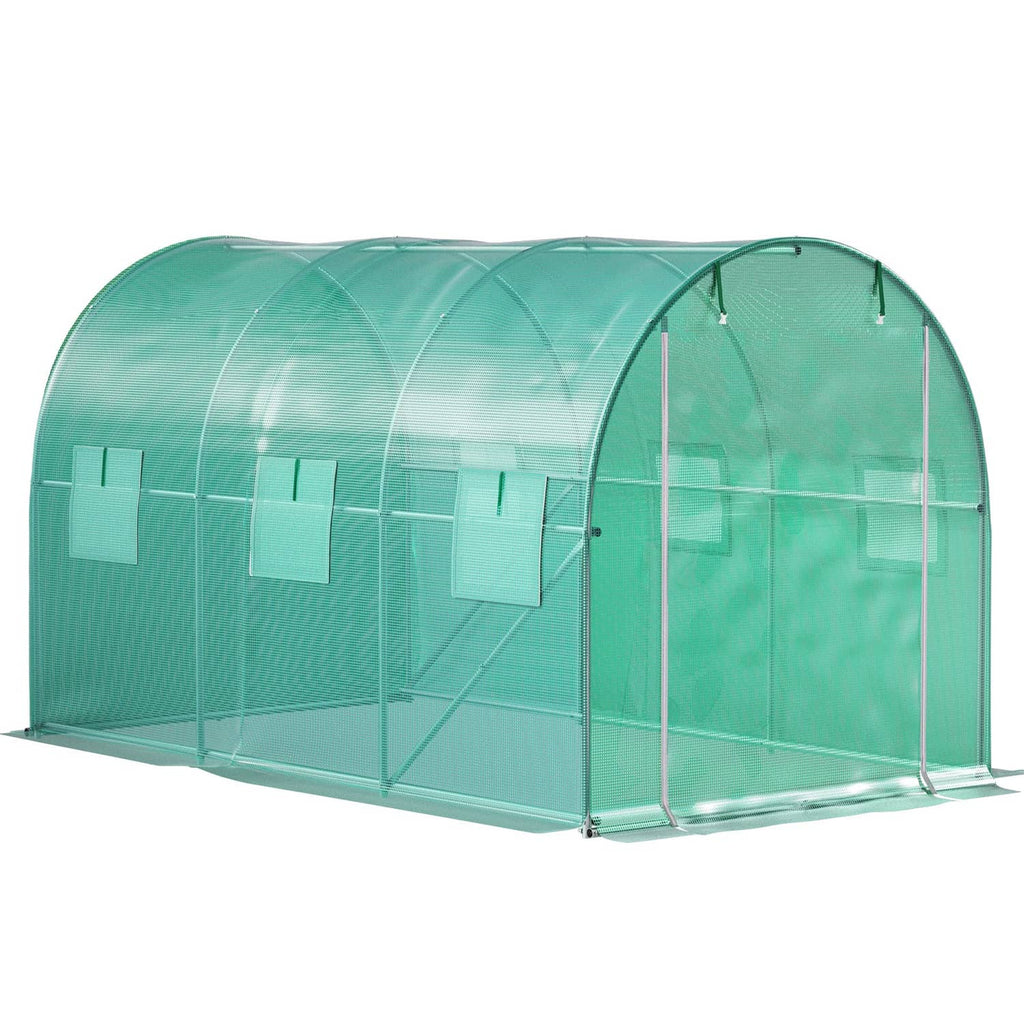 Tunnel greenhouse with green translucent cover and galvanized frame, curved arch and side door