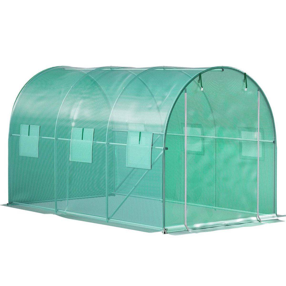 Tunnel greenhouse with green translucent cover and galvanized frame, curved arch and side door