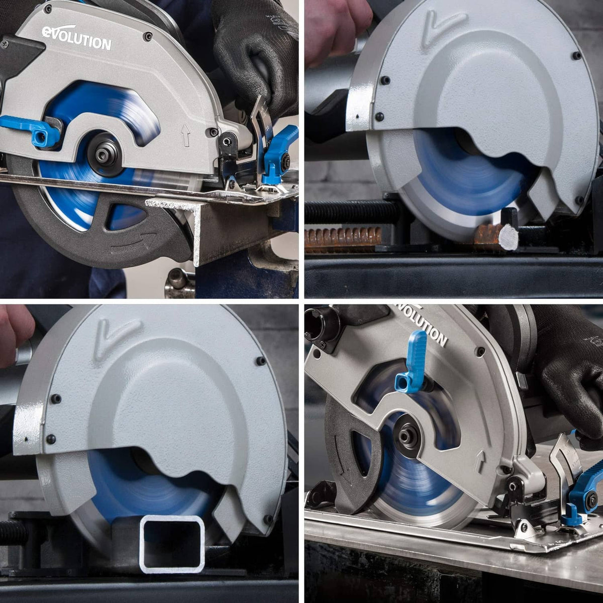 Circular saw cutting a metal rail with an Evolution cutting blade installed